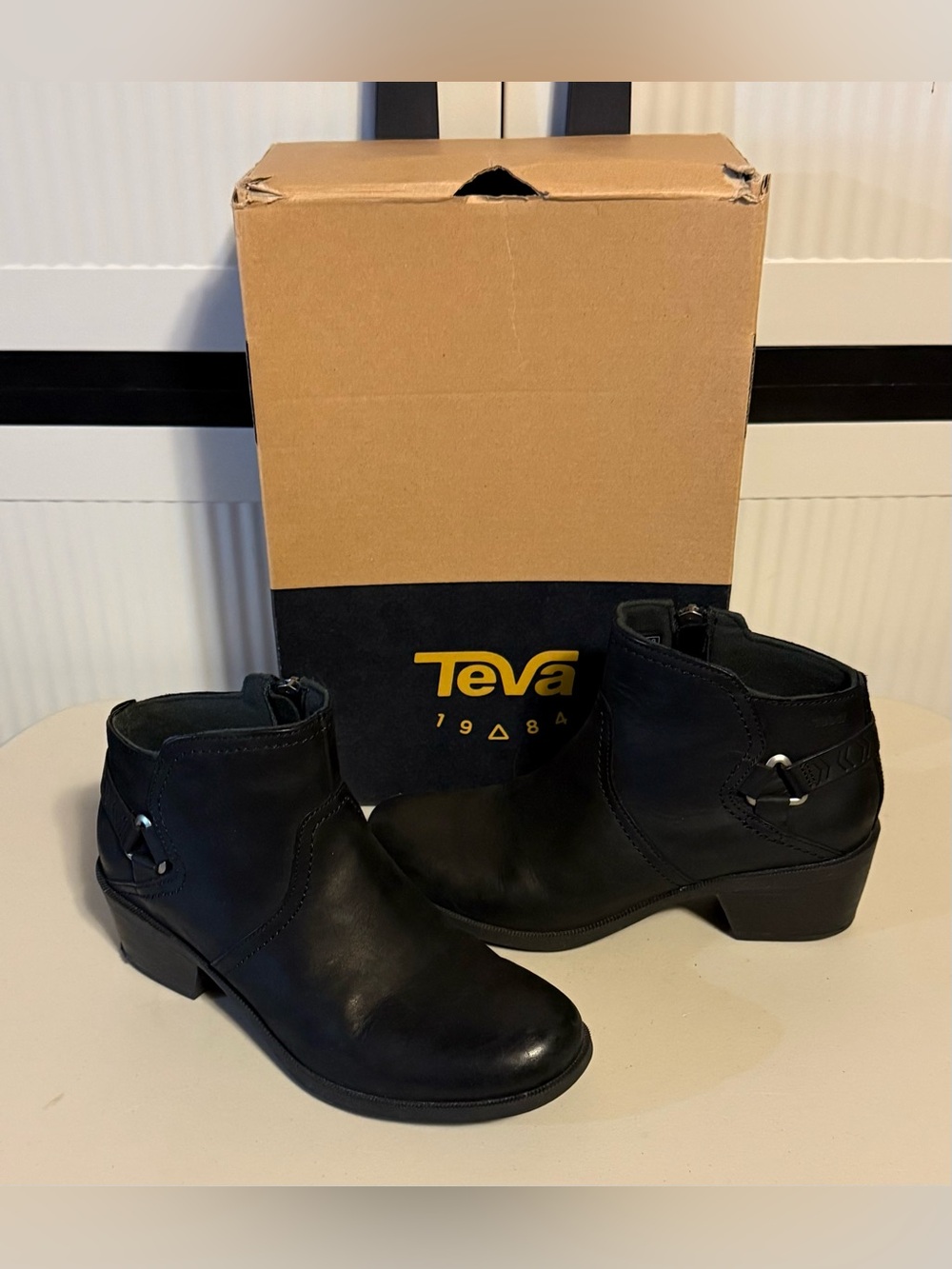 Teva “Foxy WP” Black Leather Ankle Booties with Silver Buckle Detail Side Zipper